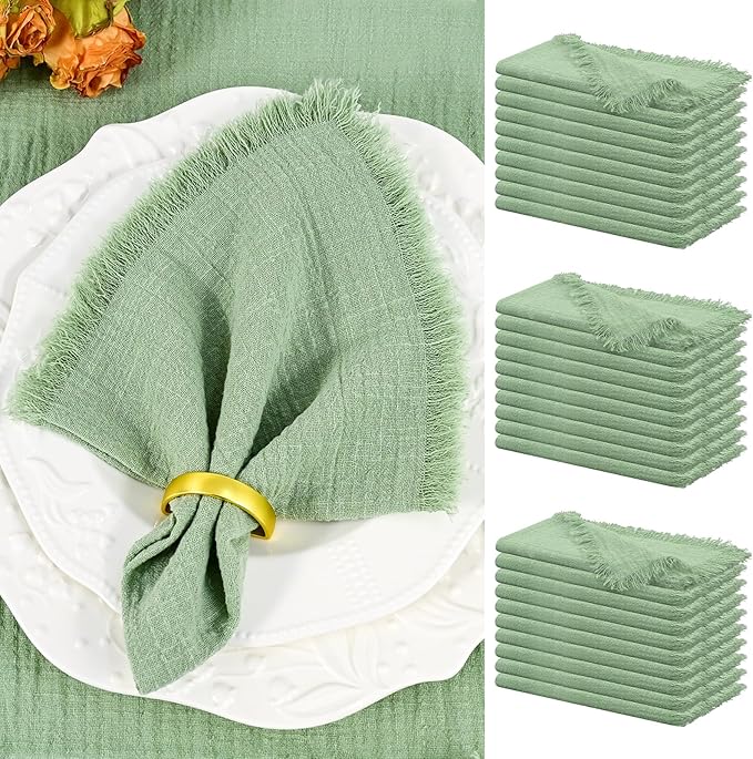 Showgeous 30 Pack Sage Green Cloth Napkins with Fringe 16x16 inch 100% Cotton Green Napkins Handmade Dinner Napkins Bulk Washable Soft Rustic Table Napkins for Wedding Parties Bridal Baby Shower