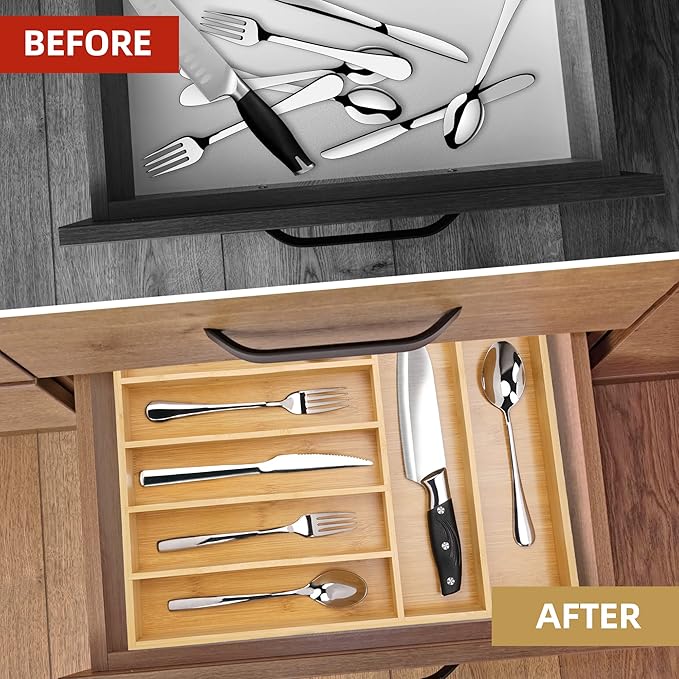 Upassion Bamboo Kitchen Drawer Organizer, 13 Inch Silverware Organizer with Extra-deep Grooved Divider, 7 Slots Pure Bamboo Wood Caddy for Flatware Cutlery Knives, Forks, Spoons