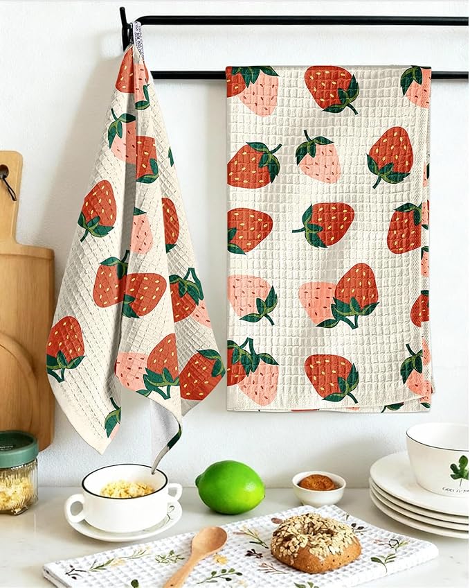 Miss Adola Cotton Waffle Kitchen Towels - Cute 370 GSM 16x25 Inch Terry Cloth Waffle Decorative Dishcloth for Kitchen Set of 2 with Hanging Loop Absorbent Hand Tea Towel for Home Design, Strawberry