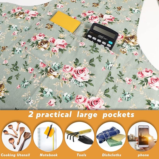 Sanlykate Extra Large Canvas Cotton Apron for Men & Women, Plus Size Durable Aprons with 2 Pockets, Adjustable Bib Machine Washable Oversized Aprons for Baking, Cooking, Painting - Greenness