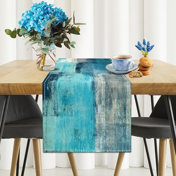 Teal Grey Table Runners Modern Art Farmhouse Linen Table Runners Dresser Scarves Retro Rustic Style for Party Kitchen Dining Table Coffee Holiday Party Decor (13"x 90", Teal Grey)