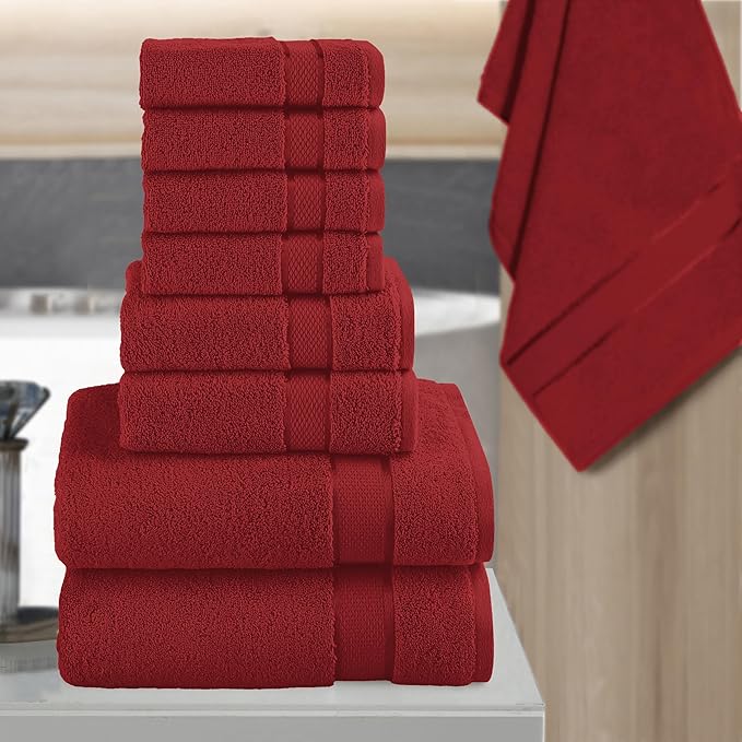 Elegant Comfort Premium Cotton 8-Piece Towel Set, Includes 4 Washcloths, 2 Hand Towels and 2 Bath Towels, 100% Turkish Cotton - Highly Absorbent and Super Soft Towels for Bathroom, Burgundy