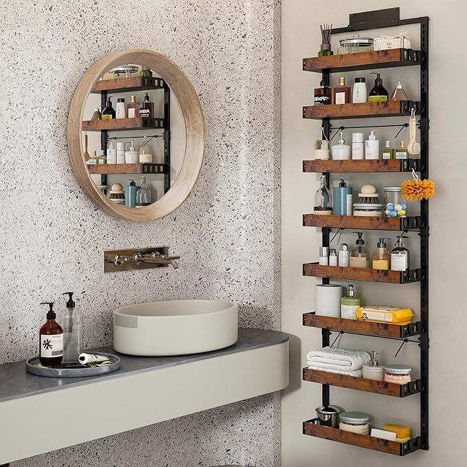 bukfen Over the Door Pantry Organizer, 8-Tier Adjustable Wooden Basket Kitchen Pantry Door Organization and Storage, 2 in 1 Wall Mount or Hanging Heavy-Duty Metal Hanging Kitchen Spice Rack, 1 Pack