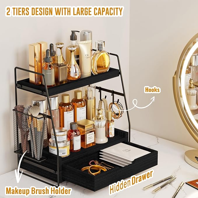2-Tier Bathroom Counter Organizer with Drawer & Removable Basket, Wood & Metal Vanity Organizer for Skincare, Makeup, Perfume, Toiletries, Small Bathroom Counter Shelf, 13'' Black