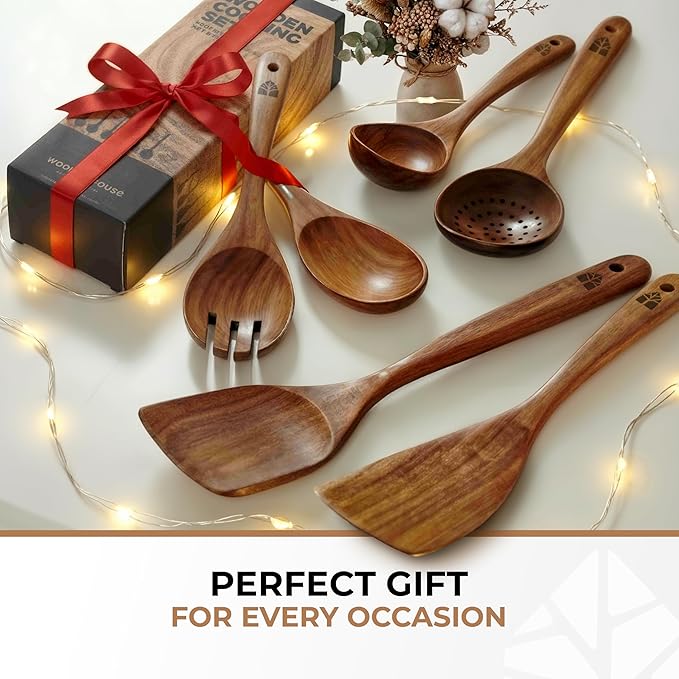 Wooden Spoons for Cooking – 6 Pcs Premium Teak Wooden Utensil Set with Hooks - Durable, Nonstick Safe, Easy to Clean & Heat Resistant with Ergonomic Handles