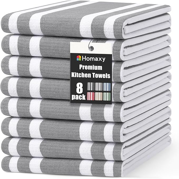Homaxy Premium Kitchen Towels 18”x 28”, Large Cotton 380 GSM Kitchen Hand Towels, Stripe and Terry Dish Towel, Highly Absorbent Tea Towel Set with Hanging Loop, 8 Pack, Grey