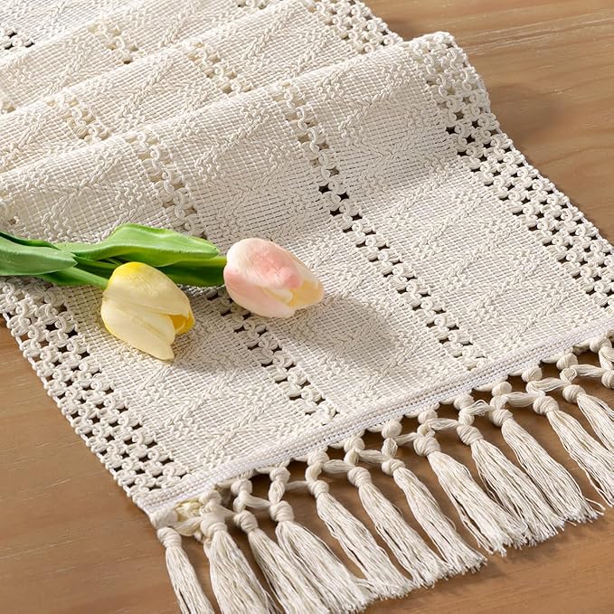 Socomi Boho Table Runner Easter Spring Farmhouse Rustic Dining Kitchen Centerpiece Decor Small Macrame Woven Cotton Linen Coffee Table Runner for Dresser Scarf Home Decor 12x60 inch Beige