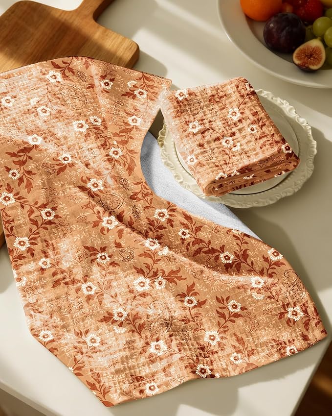 Miss Adola Cotton Waffle Kitchen Towels – Cute 370 GSM 16x25 Inch Terry Cloth Waffle Decorative Dishcloth for Kitchen Set of 2 with Hanging Loop Absorbent Hand Tea Towel for Home Design, Rustic Flower