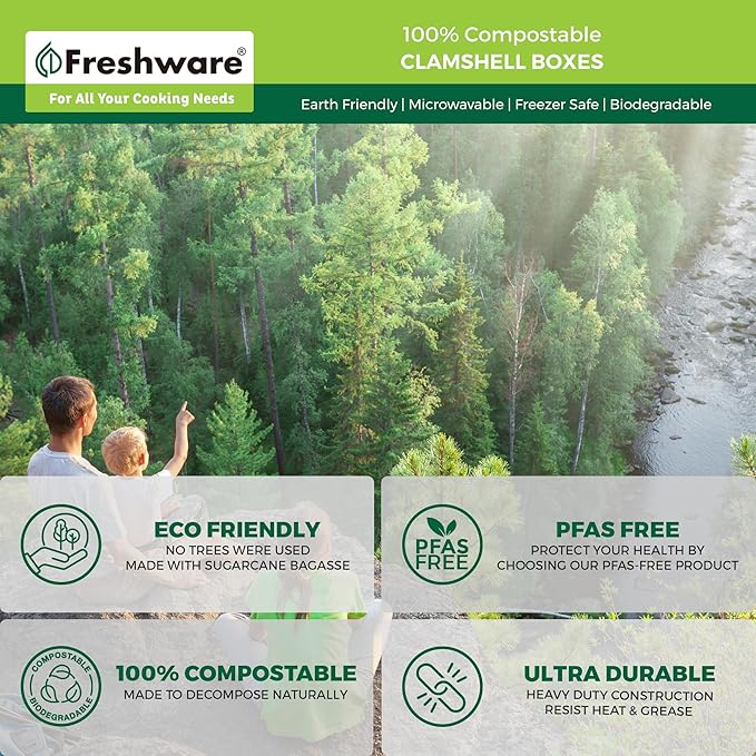 Freshware Compostable Clamshell Food Containers [8x8"] 3-Compartment 50-Pack, Disposable Containers, Biodegradable Sugarcane To Go Boxes - Paper Food Containers - Microwave & Freezer Safe, Stackable