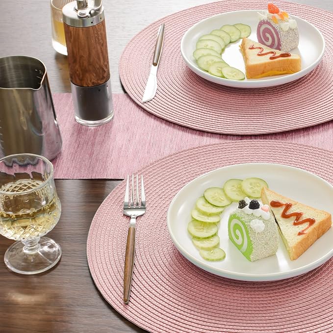 FunWheat Round Braided Placemats Set of 4 Table Mats for Dining Tables Woven Washable Non-Slip Place mats 15inch (Pink, 4pcs)