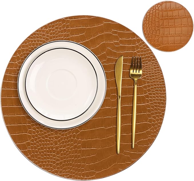 Jovono Round Leather Placemats for Round Tables Set of 8, Brown Place Mats and Coasters, Wipeable Waterproof Heat Resistant Table Mats Easy to Care for Indoor Decor 13 inch Diameter
