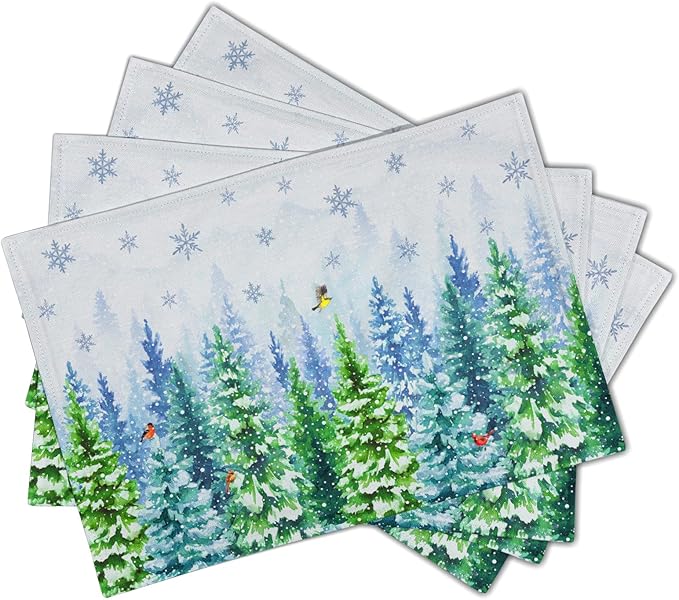 Watercolor Christmas Trees Place Mats - Welcome Winter Birds Placemats Set of 4 Snowflake Art Table Mat for Indoor Outdoor Dining Decorations 12 x 18 Inch