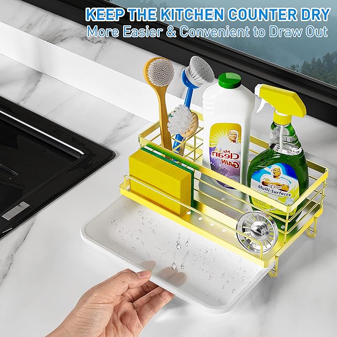 Cisily Kitchen Sink Caddy, Gold, Unisex, 5.3 in Wide, 9.49 in Long, 4 Storage Spaces, Stain-Resistant Tray, Anti-Rust, Easy to Clean
