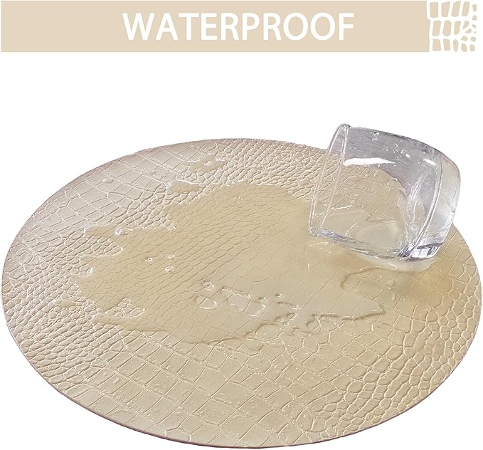 Jovono Round Leather Placemats for Round Tables Set of 4, Beige Place Mats and Coasters, Wipeable Waterproof Heat Resistant Table Mats Easy to Care for Indoor Decor 13 inch Diameter