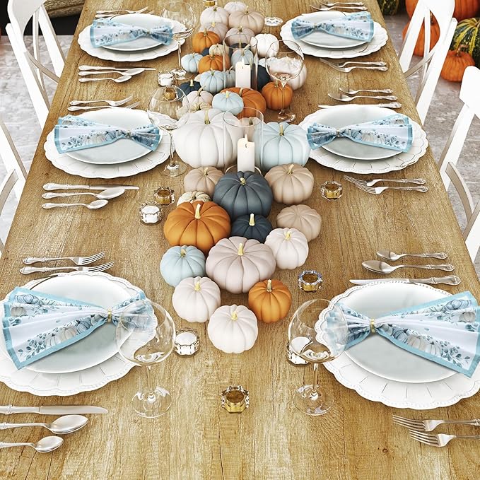 Qeeenar 12 Pcs Fall Cloth Napkin 20 x 20 Inch Blue Pumpkin Cloth Napkins Thanksgiving Autumn Harvest Pumpkin Buffalo Plaid Party Dinner Washable Decoration