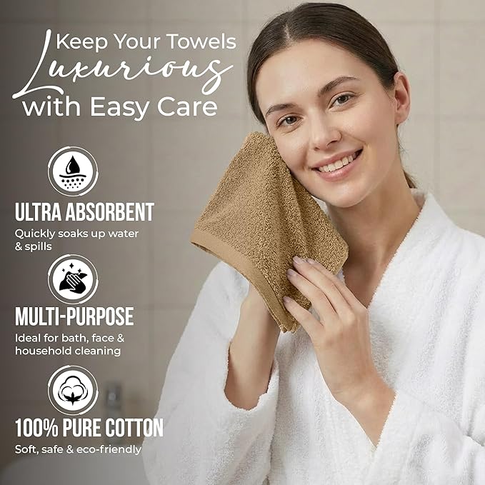 RIVERSIDE Pack of 24 Wash Cloths for Showering, 12 x 12 Inches, Super Soft & Absorbent, 100% Cotton Washcloths Premium Quality Flannel Face Cloths for Bathroom, Gym, Spa (Tan, 24 Pack)