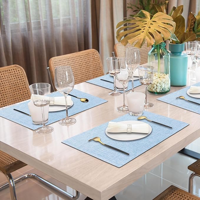 Light Blue Cloth Placemats Set of 4, 19 x 13 inch Cotton Linen Blend Machine Washable Double Layered Place Mats, Heat Resistant Rectangular Fabric Dining Table Mats, Indoors/Outdoors (Light Blue, 4)