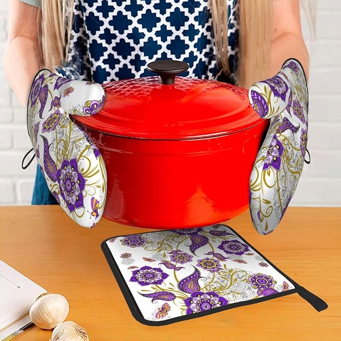 Purple Flower Oven Mitts and Pot Holders Sets of 3 Kitchen Decor Heat Resistant Hot Pads Boho Floral Oven Gloves for Cooking Grilling Baking
