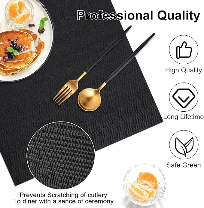 Vinyl Placemats Set of 8, PVC Woven Washable Non-Slip Table Mats, Heat Resistant Wrinkle Free Place Mats for Dining Table, Easy to Clean (8, Black)