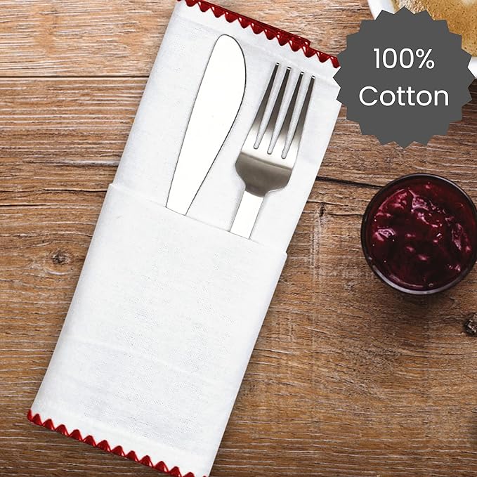 Cotton Clinic Cloth Napkins with Trim - Everyday Use Table Dinner Napkins - Soft Durable Washable - Ideal for Dinner Party Wedding Christmas Easter - Set of 12-20x20 inches Red White Napkins