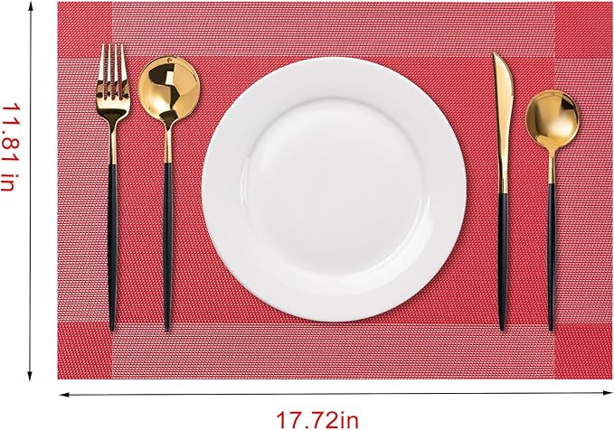 CADONO Placemats Set of 4 Washable Indoor/Outdoor Vinyl Place Mats for Dining Table Durable Non-Slip Heat Resistant PVC Weave Table Mats（Four-Corner-Red）