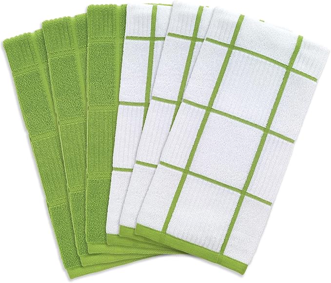 T-Fal Solid & Checked Parquet Kitchen Towels: Highly Absorbent, Super Soft Long Lasting - 100% Cotton, 16"x26" Dish Towels for Cleaning & Drying Dishes, Pans, Glassware, Countertops, 6-Pack, Green
