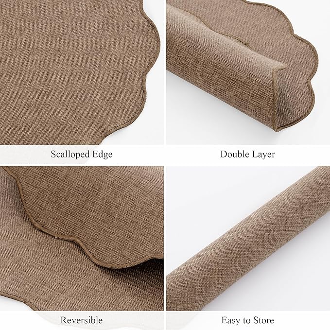 SHACOS Scalloped Round Placemats Set of 6 Polyester Linen Blend 15 inch Washable Non Slip Place Mats Easy Clean Heat Resistant Table Mats for Kitchen Dining Table Decor, Brown