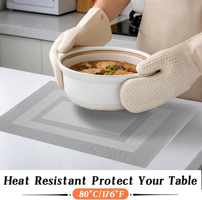 Timeet Gray Placemats Set of 8, Heat Resistant Non-Slip Place Mats, Durable Washable PVC Vinyl Woven Table Mats, Wipeable Placemats for Dining Table Easy to Clean
