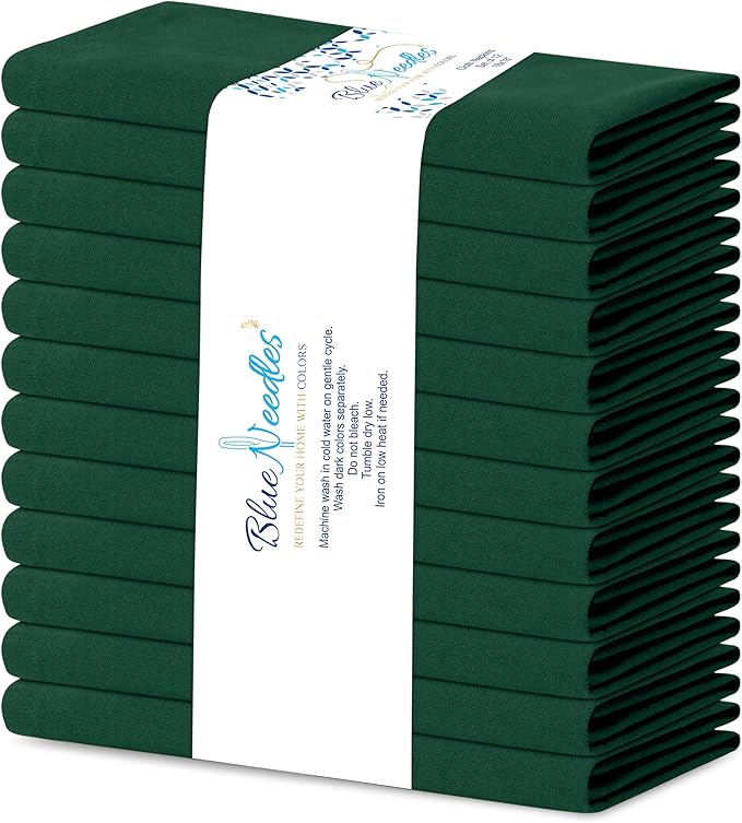 Blue Needles Solid Cloth Napkins Set of 12 Forest Green 100% Cotton Dinner Napkins 18x18 inches - Soft, Reusable, Absorbent & Washable Linen, Ideal for Spring Summer Easter Parties & Everyday Use