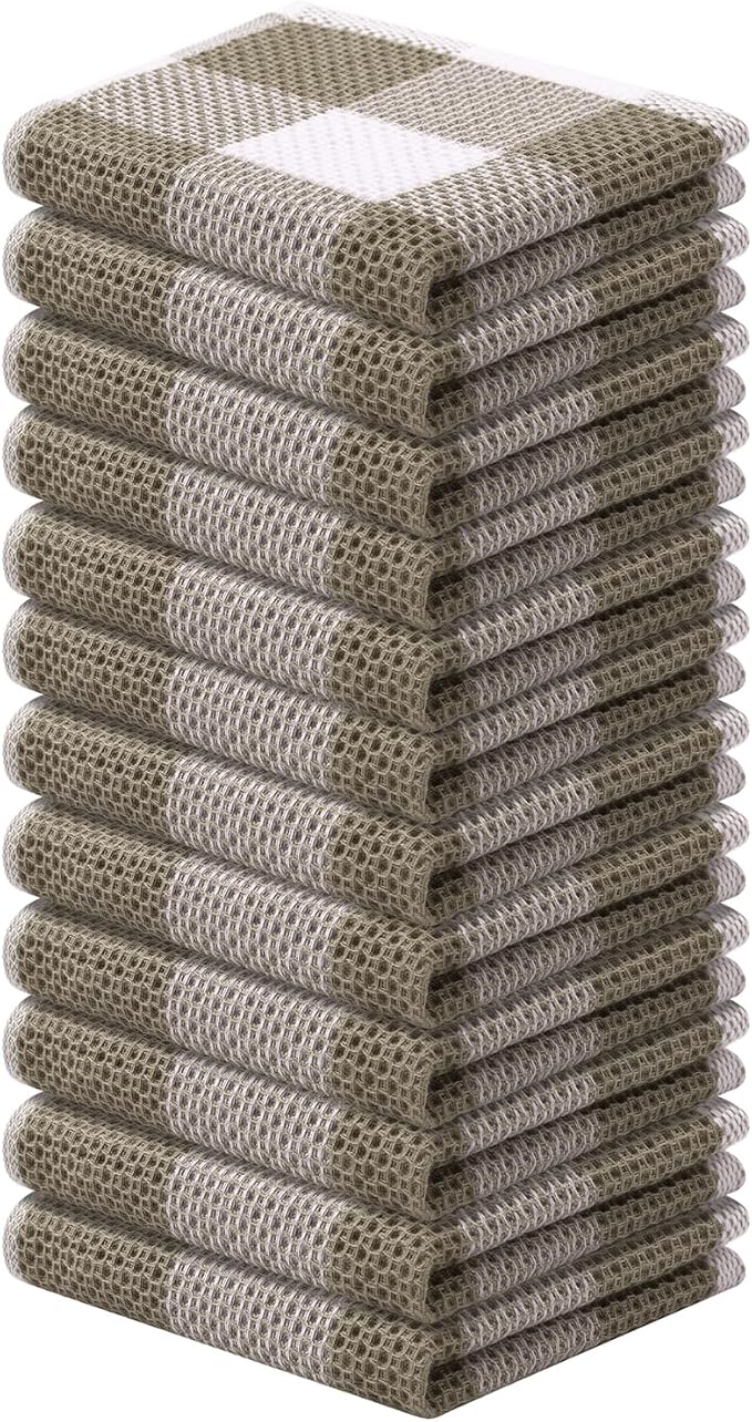 Mordimy 100% Cotton Waffle Weave Plaid Dish Cloths, 12 x 12 Inches, Super Soft and Absorbent Quick Drying Buffalo Check Dish Rags for Kitchen, 12-Pack, Khaki & White