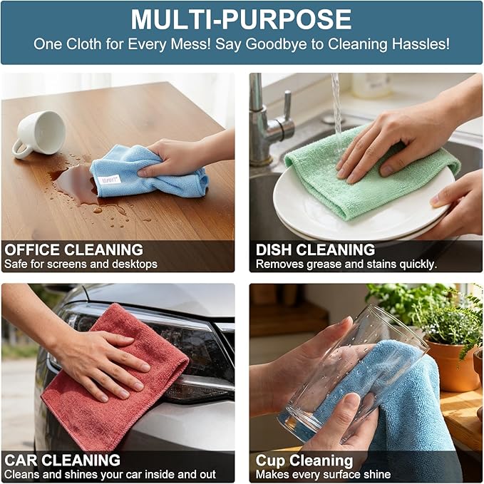 12-Pack Microfiber Cleaning Cloths (12” x 12”) – Ultra-Absorbent Multi-Purpose Cleaning Towels – Reusable Lint-Free Wash Rags for Kitchen, Car, Glass, and Home