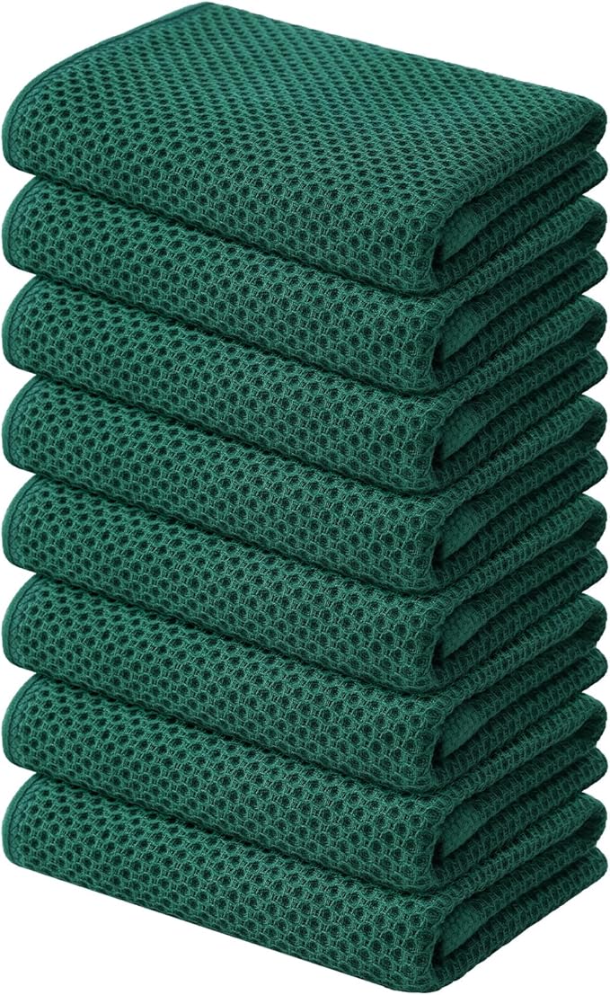 Kitinjoy 100% Cotton Waffle Weave Kitchen Hand Towels (13 X 28 Inches, Dark Green), 8-Pack Super Soft and Absorbent Dish Towel for Drying Dishes