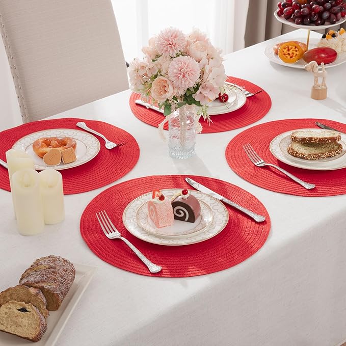 SHACOS 15 inch Round Placemats Set of 6 Braided Non Slip Washable Place Mats for Dining Tables Kitchen Table Mats Home Wedding Party Decor (Red, 6)