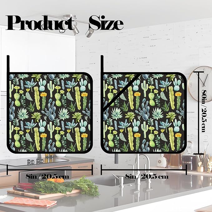 Watercolor Cactus Flower Pot Holders Set of 2,Desert Plants Kitchen Heat Resistant Potholder for Microwave Cooking Baking Oven and BBQ