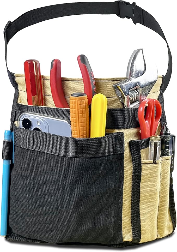 5-Pocket Utility Tool Belt Pouch for Men and Women, Adjustable Canvas Waist Belt Bag for Electrician Maintenance Gardening Carpentry, Durable Multi Work Apron for Tools & Accessories (Black + Yellow)