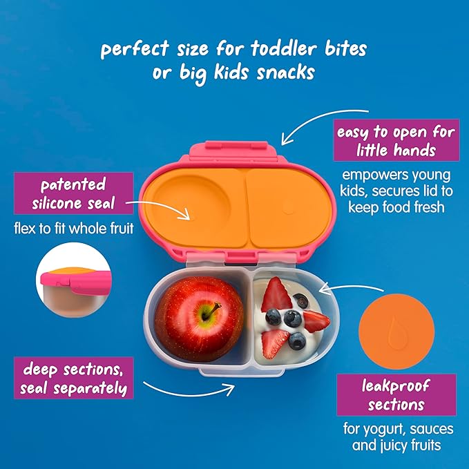 b.box Snack Box - Leakproof Mini Bento Box for Kids & Toddlers, 2 Compartment Snack Containers for Kids, Lunch Containers, Dishwasher Safe, BPA Free, PFAS Free, Ages 4m+, 1 3/4 Cup - Strawberry Shake