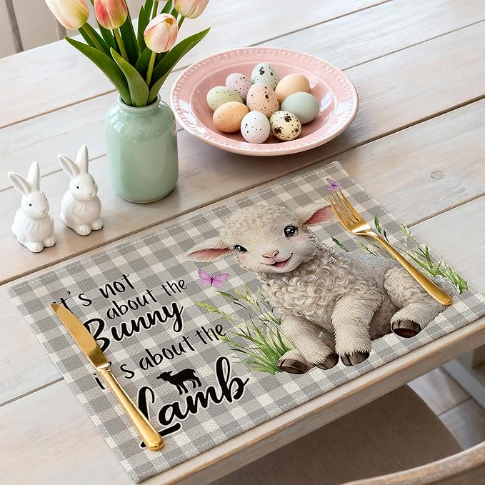 Easter Placemats Set of 4 12x18 inches, It's Not About the Bunny It's About the Lamb Easter Decor for Table, Party, Home - Farmhouse Spring Buffalo Plaid Lamb Table Mat Decroations