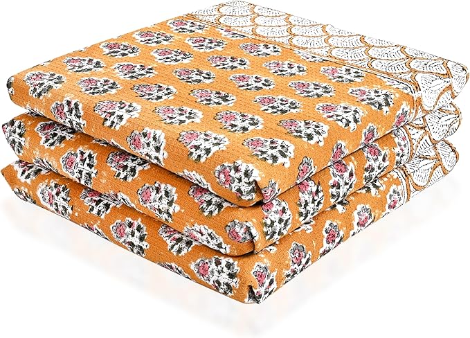 CPC Citrine Yellow Hand Block Print Waffle Kitchen Towel Set of 3-16 x 28 Inch Ultra Absorbent Quick Dry Cotton Dish Towels Lightweight Reusable Sustainable Tea Towels for Cleaning and Drying