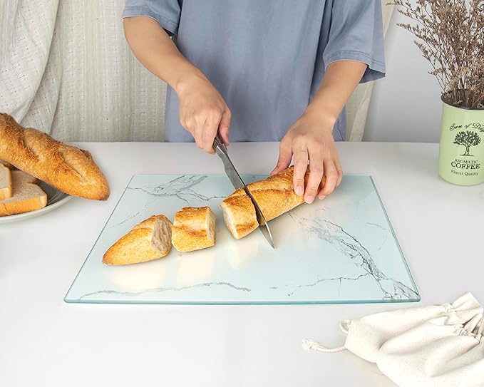 Kitchenville Glass Cutting Board 16"x12": Tempered Glass Kitchen Counter Protector - Durable- Scratch-Resistant, Heat-Proof - Design 2 - White Marble Effect