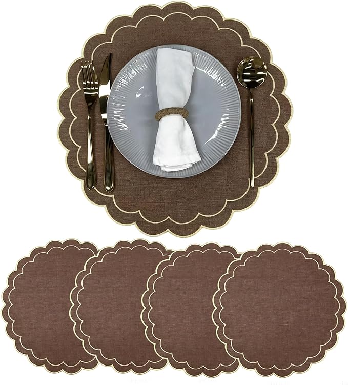 Linen Cotton Placemats Set of 4 Scalloped Flower Embroidery Place Mats 15'' Natural Linen Texture Fabric Machine Washable Table Mats for Restaurant Kitchen,Table Decor(Brown)