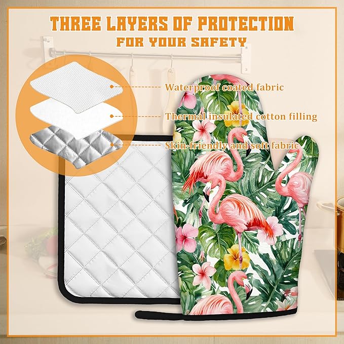 Palm Leaf Oven Mitts and Pot Holders Set,Flamingo Tropical Kitchen Oven Gloves and Pot Holder with Heat Resistant Non Slip for Cooking Baking Grilling(4 Piece Set)