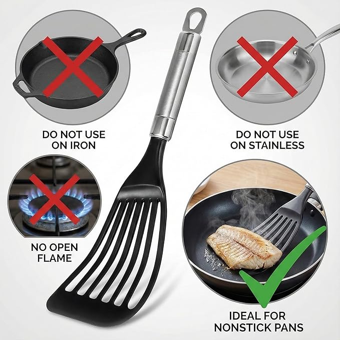 KSENDALO Fish Spatula for Nonstick Pans 2-Pack - Thin Turner for Eggs & Fish | LFGB Nylon, 10,000+ Reviews | Dishwasher Safe