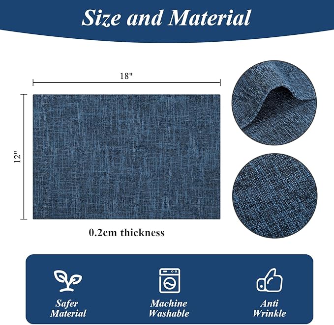 SHACOS Washable Cloth Placemats Set of 4 Double Layer Fabric Non Slip Heat Resistant Table Mats Linen Place Mats Stain Resistant Reversible Indoor Outdoor, Dark Blue