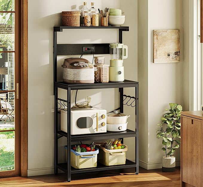 SUPERJARE Kitchen Bakers Rack with Power Outlet, Coffee Bar Table 4 Tiers, Kitchen Microwave Stand with 6 S-Shaped Hooks, Storage Shelf Rack for Spices, Pots and Pans - Black