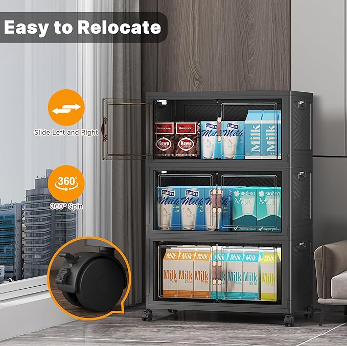 UAMFURI Stackable Storage Bins with Lids & Wheels & Door, Foldable Collapsible Closet Organizers, Extra Large Plastic Storage Drawers for Bedroom Dorm Office Garage (Dark-55qt, 6Pack with 2 top lids)