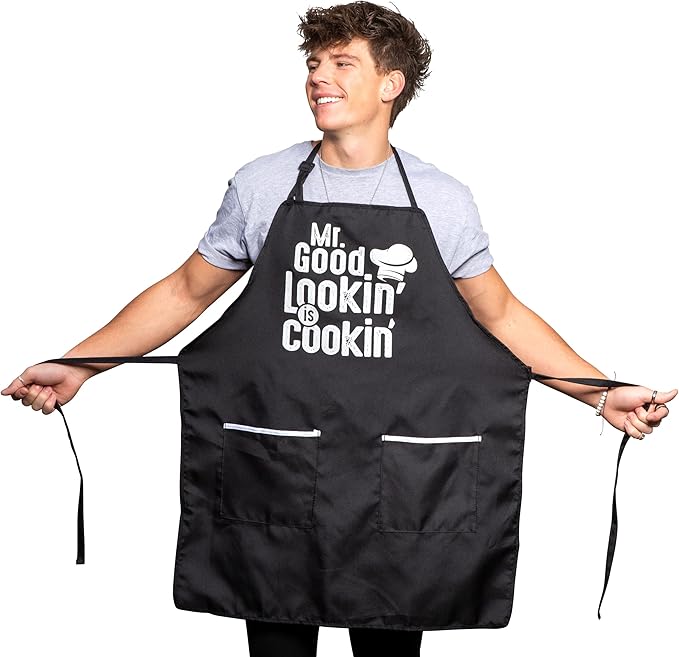 ALLER HOME&KITCHEN Funny Apron for Men, 2 Large Pockets One Size Fits All Chef Apron for Grilling, Cooking, BBQ Accessories