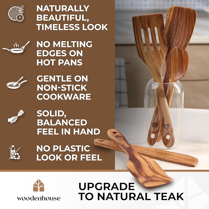 Wooden Spatula for Cooking - Non-Scratch, Sturdy, Natural Teak Cooking Utensils - Easy to Clean Wooden Spatula Set with Turner, Scraper, Slotted & Frying Wood Spatulas, Jar Scraper, Spoonula - 6 Pcs