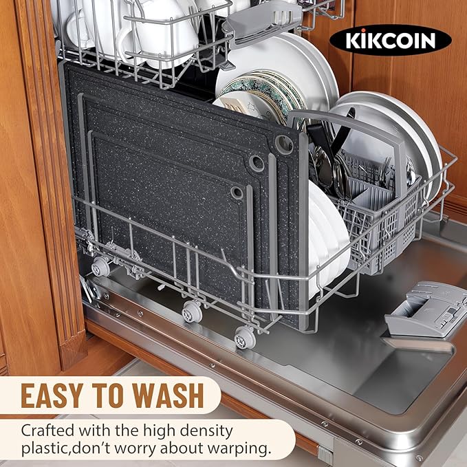 Kikcoin Plastic Cutting Boards for Kitchen, 3-Piece Large Cutting Board Set Dishwasher Safe Chopping Boards with Non-slip Feet and Juice Grooves, Light Gray
