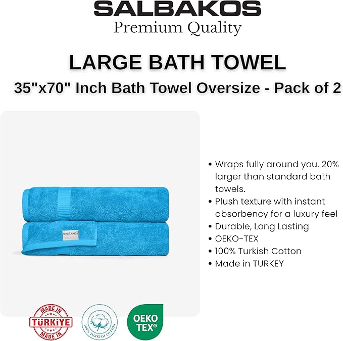 SALBAKOS 100% Turkish Cotton Bath Sheet Towels Set of 2-Piece Aqua | 35x70 in Extra Large Bath Towels | Premium Hotel Quality, Thick, Soft, Super Absorbent Oversized Bath Towel (Aqua, 2 Bath Sheets)