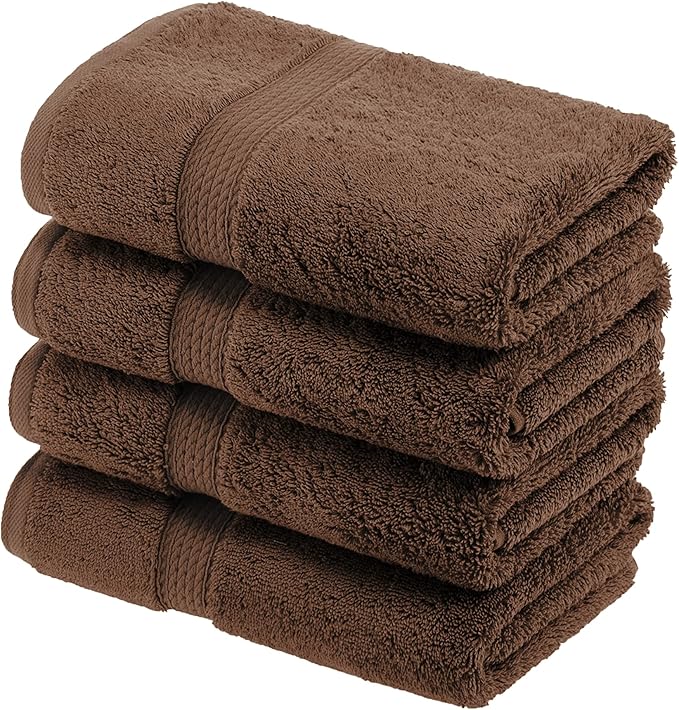 SUPERIOR Egyptian Cotton Pile Hand Towel Set of 4, Ultra Soft Luxury Towels, Thick Plush Essentials, Absorbent Heavyweight, Guest Bath, Hotel, Spa, Home Bathroom, Shower Basics, Chocolate